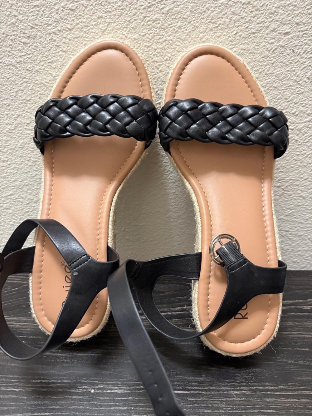 Ruiee Womens Black Espadrille Wedge Sandals Braided Ankle Strap Platform 12XW